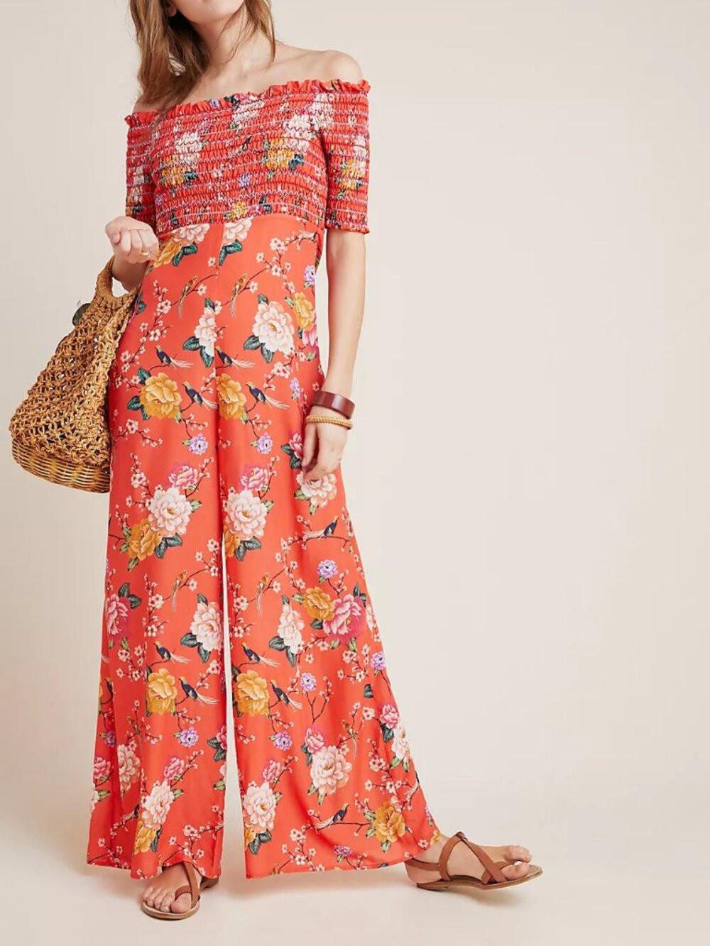 Farm Rio Anthropologie Paraiso Off-The-Shoulder Wide Leg Jumpsuit Coral ~ Medium